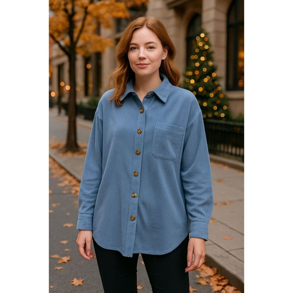 Womens Corduroy Button Up Shacket XXL Blue Oversized Casual Chic Minimilist